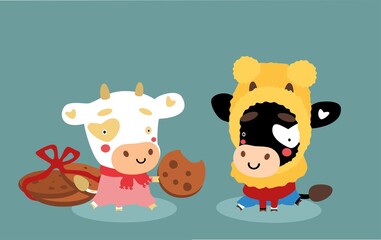 Cute cows treat each other with cookies. New Year's and Christmas illustration. Mile symbols of the year.