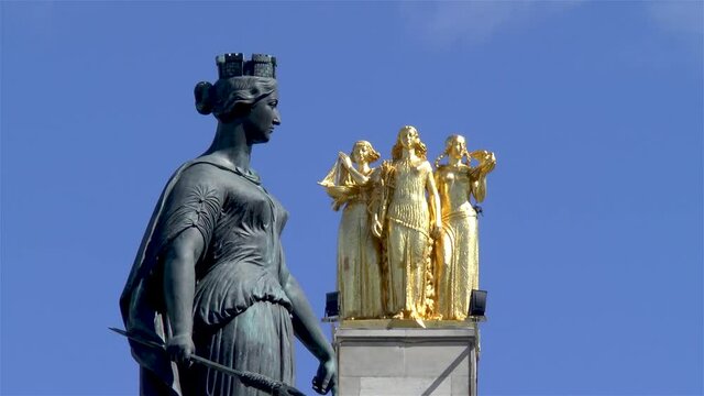 Close up view of the Column of the Goddess, Colonne de la D&eacute;esse, and statues at Place Charles de Gaulle, Lille, France.