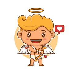 Funny little cupid holding arrow and bow. Illustration of a Valentine's Day. Vector illustration in a cartoon style. Isolated on white background.