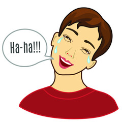 Emoticon with a man who is funny to tears, he cries with happiness, color vector emoji on  white isolated background