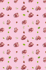 background with raw pork meat slices on pink background, raw food background, not pattern, poster modern creative, flatlay