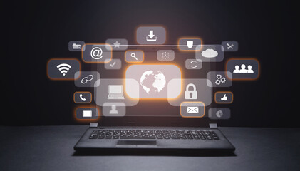 Fototapeta premium Black laptop. Global network. Social Media. Internet. Technology