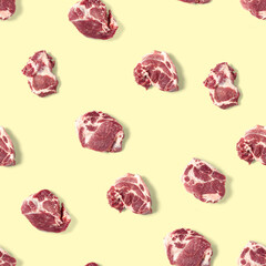 Seamless Pattern with raw pork meat slices on yellow background, food pattern