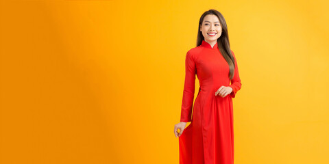 Vietnamese beautiful women in the red gulf of Vietnam traditional dress