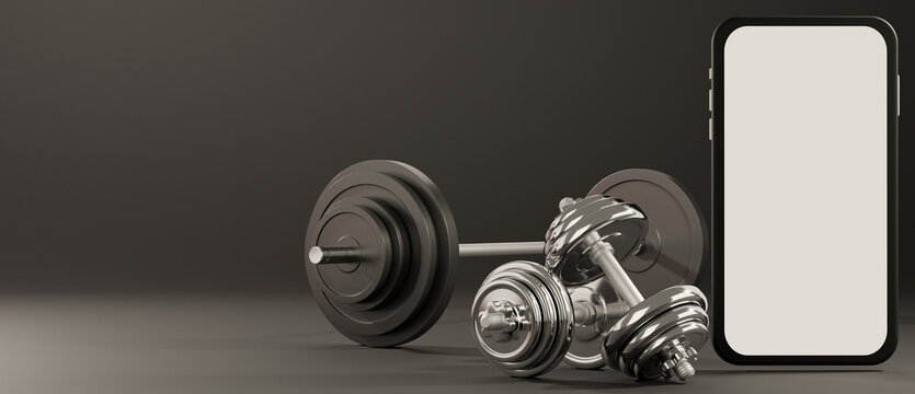 White screen mobile mockup with  sport fitness equipment, dumbbells and barbell on black background. 3D rendering.