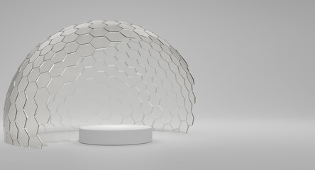 Mock-up transparent glass dome. dome cover podium for exhibition, protection barrier. 3d rendering. - obrazy, fototapety, plakaty