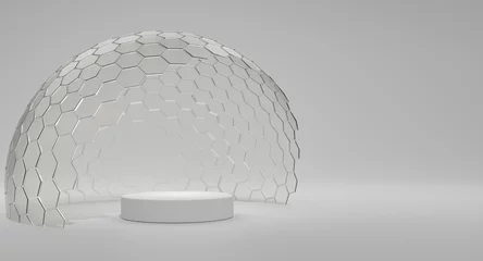 Deurstickers Mock-up transparent glass dome. dome cover podium for exhibition, protection barrier. 3d rendering. © marchsirawit