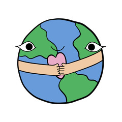 Cute cartoon earth hugging little love isolated on white background, vector illustration