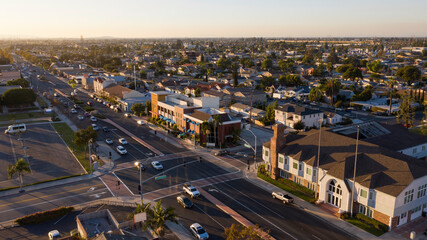 Sunset aerial view of the downtown district of Westminster, California, USA.