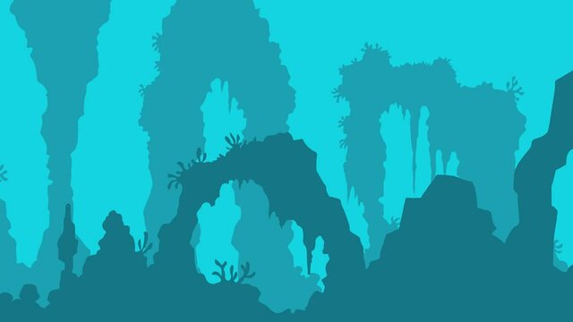 underwater cave and grottoes view flat cartoonish looped animation