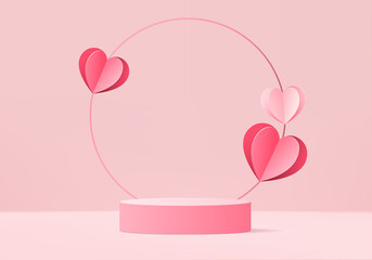 3d background products valentine podium in love platform. heart background vector 3d rendering with cylinder. podium stand to show cosmetic products. Stage romance showcase on pedestal pink studio - obrazy, fototapety, plakaty
