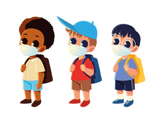 Back to school of boys with medical masks vector design