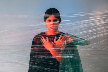 Woman protection. Defocused art portrait. Self isolation safety. Abuse harassment. Disturbed female...