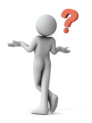 難関な疑問におどける人物。クエスチョンマーク。白バック。3Dレンダリング。