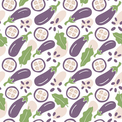 Cute eggplant seamless pattern. Eggplant whole and sliced, leaves and seeds on white background. Flat vector shabby hand drawn illustration
