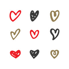 Set of Hand Drawn Heart Icons. Retro Decorative Hearts isolated on White Background. Flat Vector Illustration Design Template Elements.