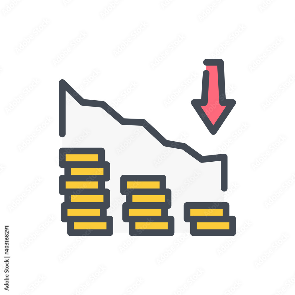 Poster financial downturn and decrease color line icon. chart with stack of coins and arrow down vector out