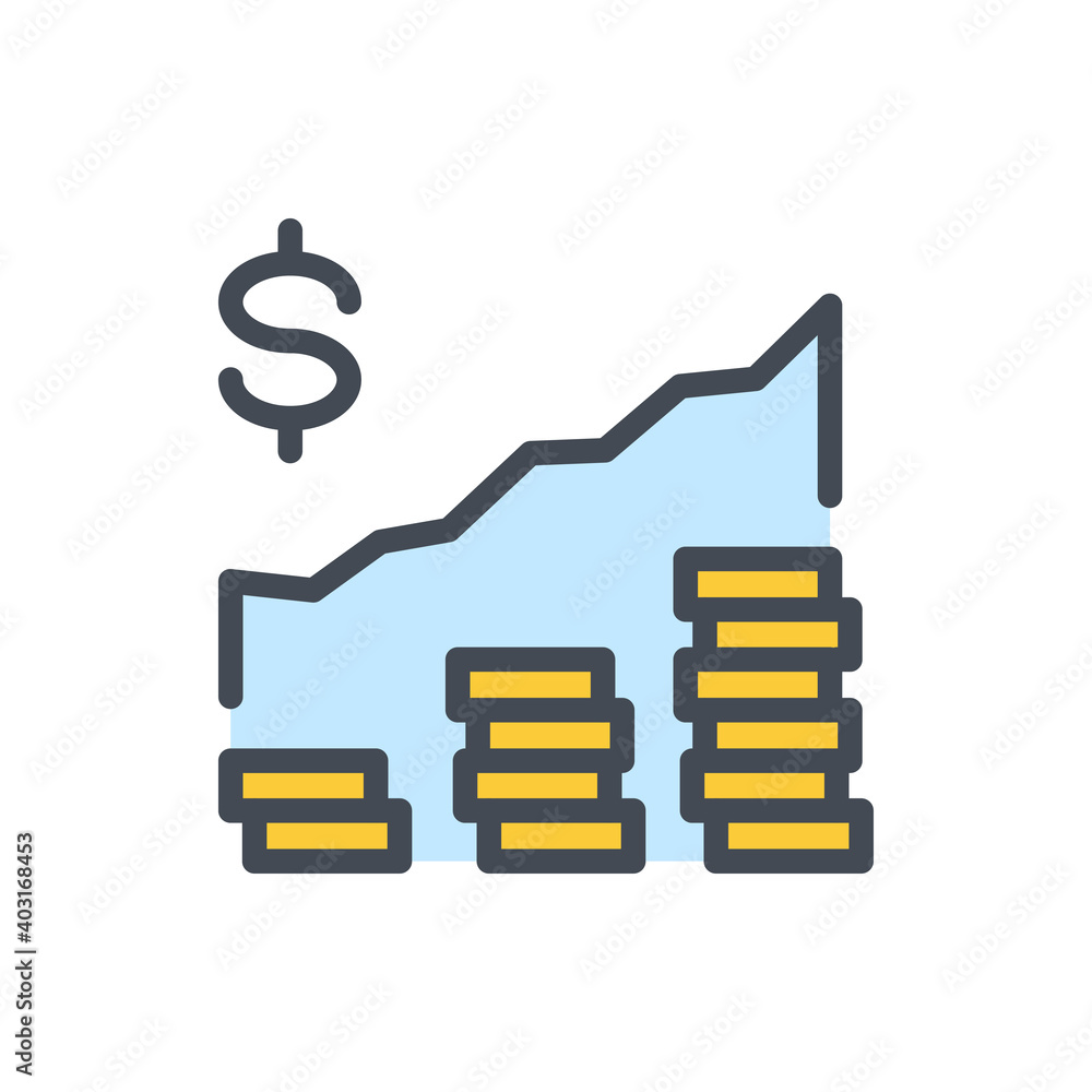 Poster financial chart, savings and income graph color line icon. graph with dollar and stack of coins vect