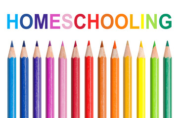 Text homeschooling with colorful pencils, isolated on white background
