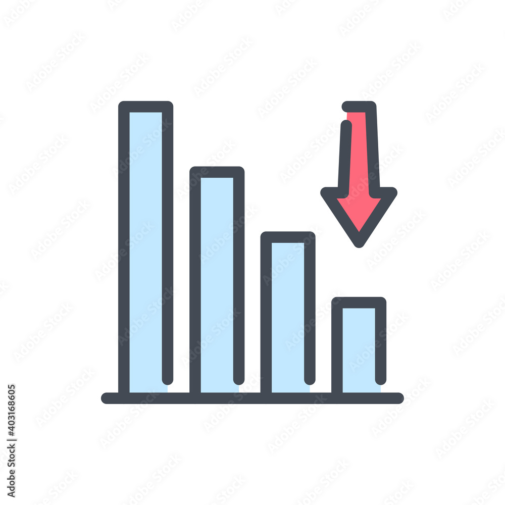 Poster graph decrease color line icon. chart with arrow down vector outline colorful sign.