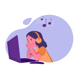 Cute girl with headphones listening to music and working on a laptop. Chat, dating, education, blogging and search for information on the network.
Listen music online illustration.