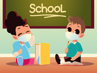 Back to school of girl and boy kid with medical masks and notebooks vector design