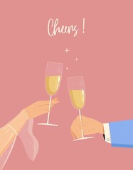 People hands holding champagne glasses celebrating and having fun. Vector illustration