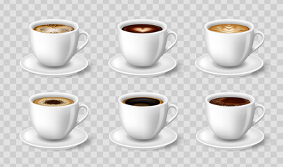 Fototapeta na wymiar Black coffee, cappuccino, latte, espresso, macchiatto, mocha side view. 3D Vector illustration for mockups. Advertising For your design