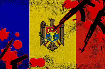 Moldova flag and guns in red blood. Concept for terror attack and military operations