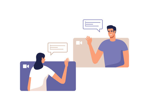 Young man and woman communicate online using a mobile devices. Concept of video call conference, remote working from home or online meeting. Vector illustration.
