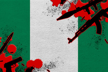 Nigeria flag and various weapons in red blood. Concept for terror attack and military operations...