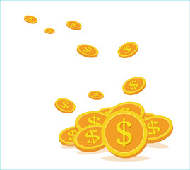 Business concept, Flying coins are collected in a large pile of gold. Business and finance management, make money. Flat style vector illustration.