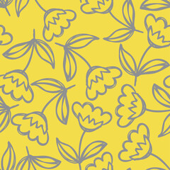 Floral yellow and gray seamless pattern. Hand drawn flowers. Vector illustration. Marker doodle sketch. Line art silhouettes. Repeat contour drawing