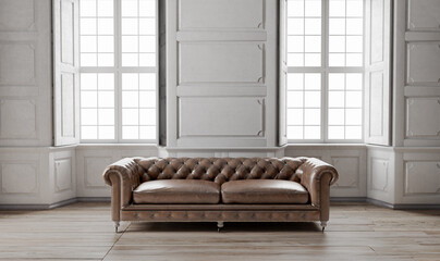 Classic sofa with classic wall and window decoration interior. 3D illustration