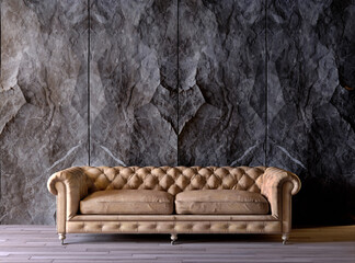 Classic sofa with black stone decorate wall interior. 3D illustration