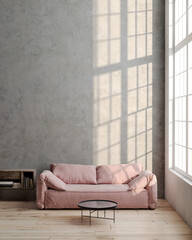 Comfy cozy Interior in trendy Scandinavian or hygge style. living room with sofa by the window 3D illustration © polnon