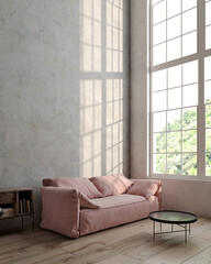 Comfy cozy Interior in trendy Scandinavian or hygge style. living room with sofa by the window 3D illustration