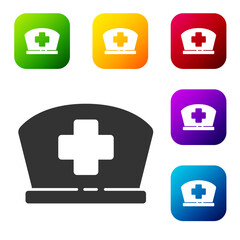 Black Nurse hat with cross icon isolated on white background. Medical nurse cap sign. Set icons in color square buttons. Vector Illustration.