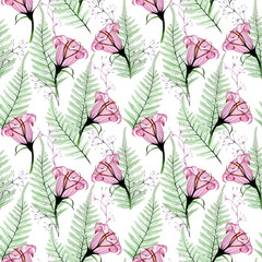 seamless watercolor pattern with transparent flowers. pink tropical flowers and green fern leaves. tropical plants, rain forest, jungle.