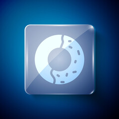White Donut with sweet glaze icon isolated on blue background. Square glass panels. Vector Illustration.