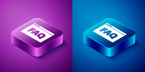 Isometric Browser FAQ icon isolated on blue and purple background. Internet communication protocol. Square button. Vector Illustration.