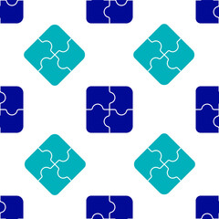 Blue Piece of puzzle icon isolated seamless pattern on white background. Business, marketing, finance, template, layout, infographics, internet concept. Vector Illustration.