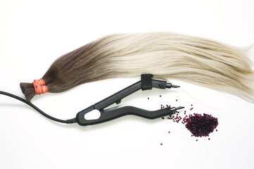 a strand of hair for extension with a device for encapsulation and keratin in granules on a white background. 