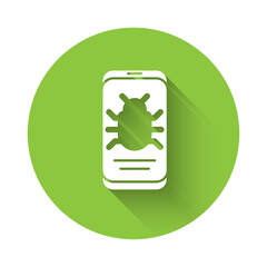 White System bug on mobile icon isolated with long shadow. Code bug concept. Bug in the system. Bug searching. Green circle button. Vector.