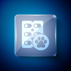 White Dog pill icon isolated on blue background. Prescription medicine for animal. Square glass panels. Vector.