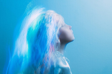 Surreal child portrait. Spiritual enlightenment. Heaven celestial energy. Hope faith. Profile of...