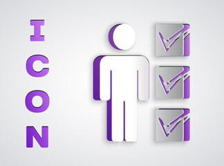 Paper cut User of man in business suit icon isolated on grey background. Business avatar symbol user profile icon. Male user sign. Paper art style. Vector.