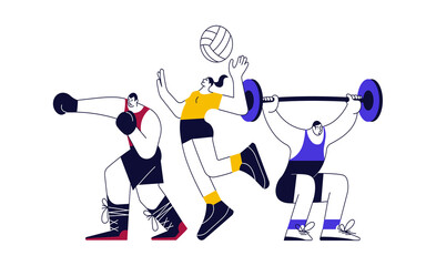 Colorful sports banner with athletes. Different male and female sportsmen isolated. Flat Art Vector Illustration