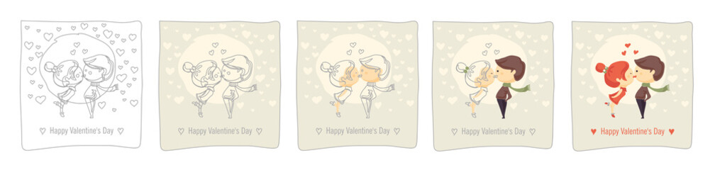 Kissing girl with boy. The process of creating from a graphic image to a color one.