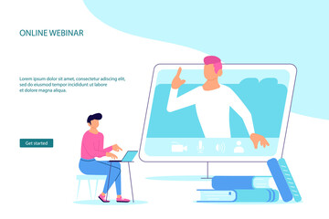 Landing webpage template of Professional personal teacher service metaphor. Man on online webinar or seminar in digital classroom. Flat Art Vector Illustration.